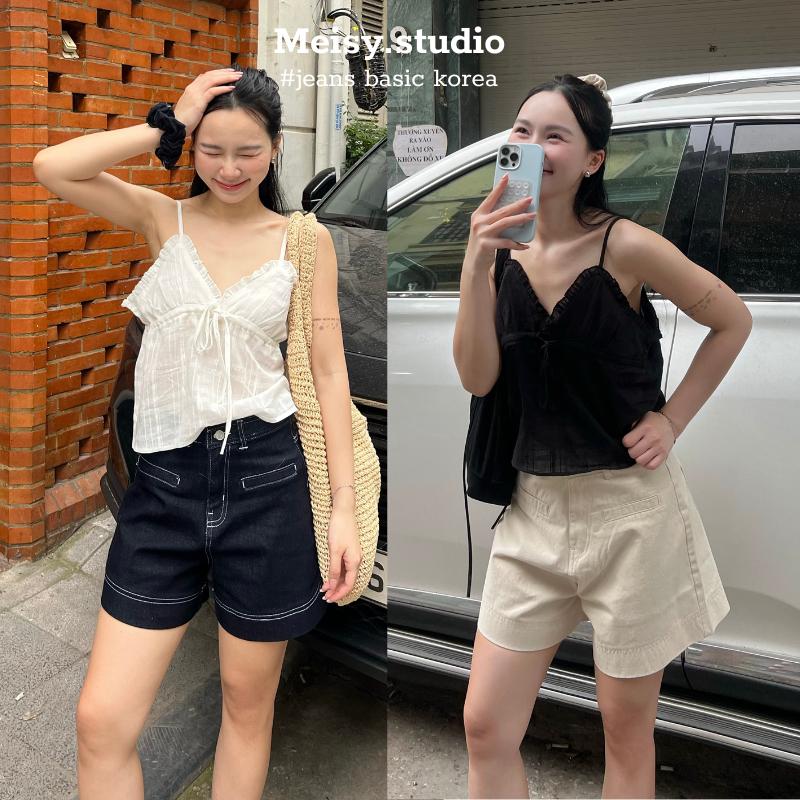  Quần jeans nữ short túi cơi chất kaki cotton phong cách Basic Hàn Quốc kèm nơ Meisy 