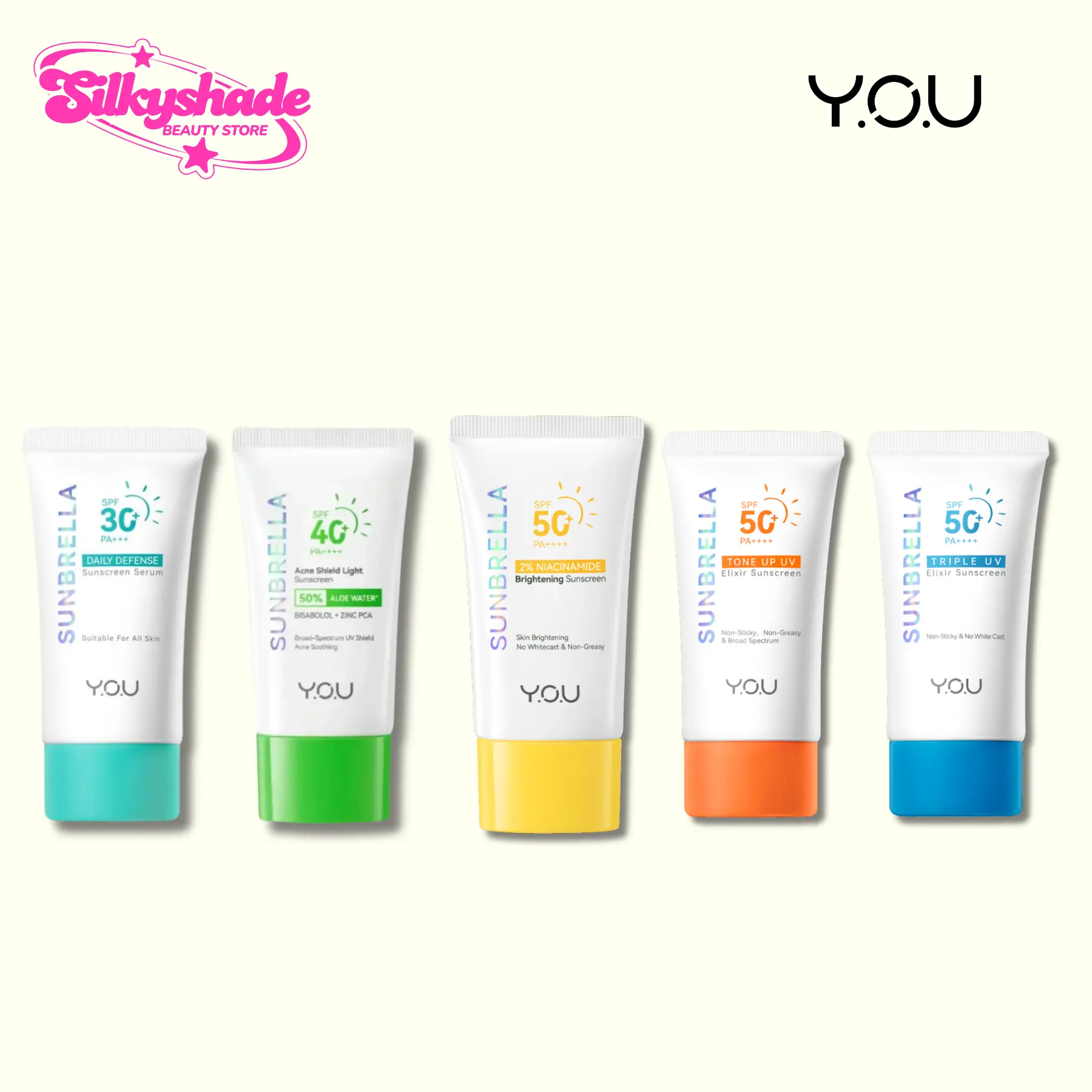 Y.O.U Sunbrella Series Mencerahkan Niacinamide SPF 30, 40, 50+ PA++++ dengan 2% Niacinamide SymWhite 377 & Vitamin C untuk Kulit Normal & Kusam 30ml - Ceramide, Facial