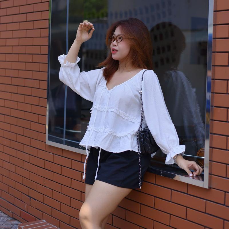 DÁNG RỘNG Áo babydoll tay dài bo chun phối bèo bigsize 90kg - MiaBigsize