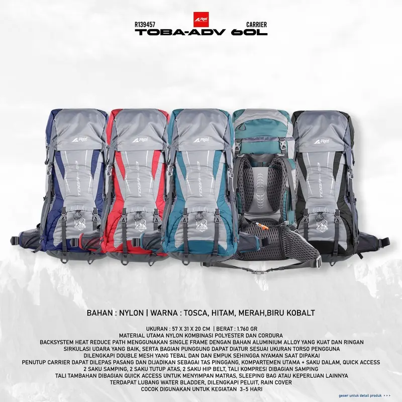 Carrier Arei Toba Adv 60 Liter Tas Gunung 60L Kerir Keril Backpack Tas Punggung Camping Ransel Outdoor Travel Pria Wanita Arei Outdoorgear 0