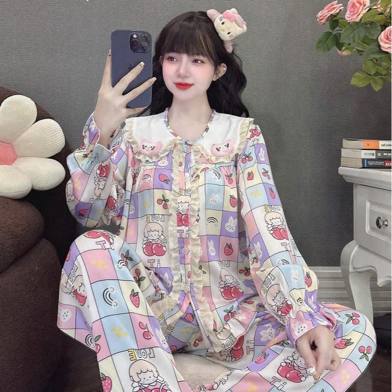 Size 40-60kg- Bộ Lụa Latin Tơ Tằm Cao Cấp Cổ Sen Thỏ Tiểu Thư 2 Túi Áo Queen Tay Dài Quần Dài TDQD Mềm Mát Mặc Nhà Cao Cấp Pijama Mặc Nhà Women  Quần Ngủ Áo Ngủ