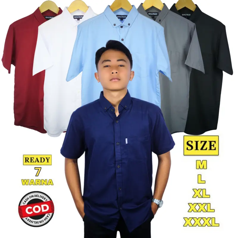 Kemeja Polos Pria Slimfit Casual Baju Formal Katun Distro Softblue Hitam Putih Panjang Tangan Garis Santai DHEEM Pendek Kerja Cowok Kerah Hem Kantor Navy lengan 4
