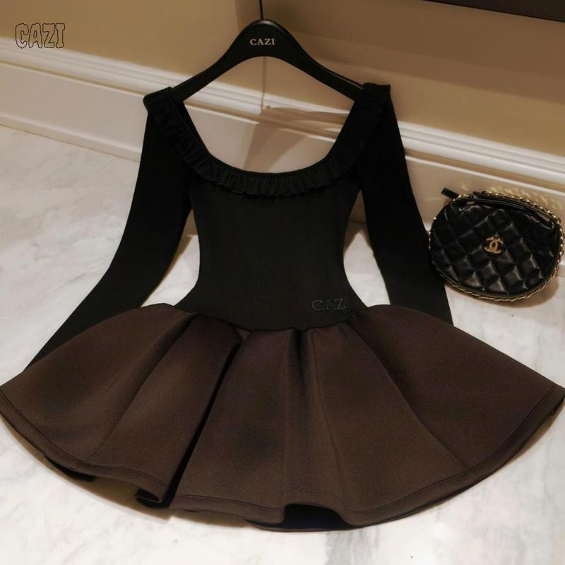 Cazi Ella Dress - Váy cổ u bèo cổ chân váy bổ thân