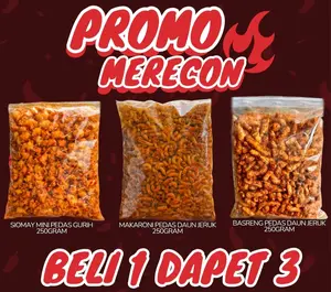 PROMO MERCON SIOMAY MINI PEDAS GURIH 250GRAM MAKARONI PEDAS DAUN JERUK 250GRAM BASRENG PEDAS DAUN JERUK 250GRAM BELI 1 DAPET 3