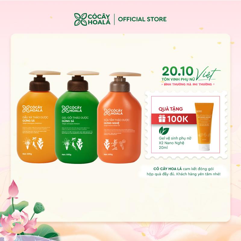 [HÀNH TRÌNH LÀM MẸ] Combo gội xả Thảo Dược Gừng Sả 500g/Combo & Sữa Tắm Thảo Dược Gừng Nghệ 500g Cỏ Cây Hoa Lá - Tặng Tuýp Gel vệ sinh mini x2 nano nghệ đào 20g