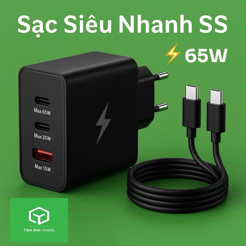 Bộ Sạc Siêu Nhanh Samsug 65W ( Củ sạc + Cáp C to C) cho SS và nhiều dòng máy. 1 chân USB. 2 chân Tyec. BẢO HÀNH 1 ĐỔI 1 trong 6 tháng Bộ Sạc Nhanh Phụ Kiện sacnhanh android cục 1
