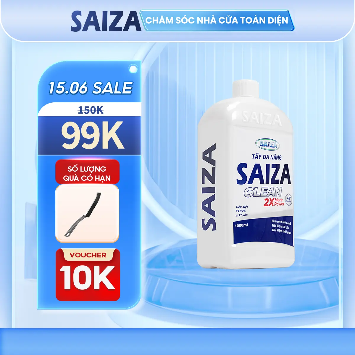 [Mua 1 Chai Tặng 1 Quà] - Dung Dịch Tẩy Đa Năng Saiza 1000Ml Làm Sạch Hiệu Quả Tặng 1 Cọ Chà Kẽ, Tẩy Vết Ố Vàng, Rong Rêu, Rỉ Sét, Cặn Canxi Trên Nhiều Bề Mặt Khác Nhau