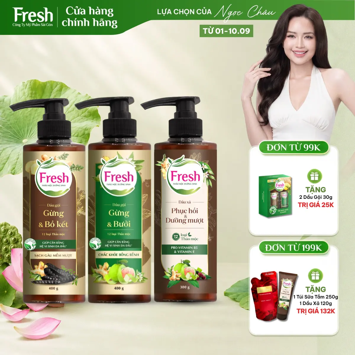 Dầu Gội 480g/ Dầu Xả 380g FRESH Thảo Mộc Dưỡng Sinh Sạch Gàu, Mềm Mượt, Dưỡng Tóc Mềm Mượt