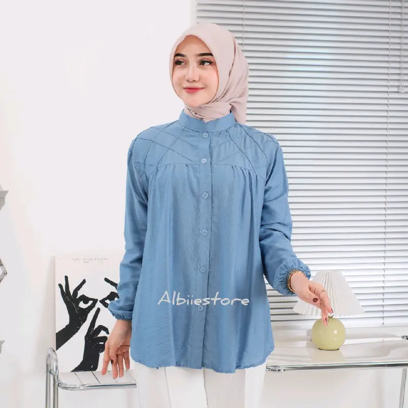 Kemeja Wanita LAURA Lengan Panjang Bahan Pololinen Baju Atasan Cewek Variasi Kancing Belakang 2