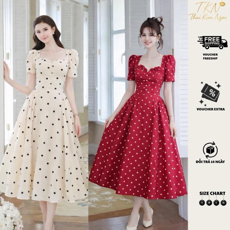  Đầm Dự Tiệc Maxi Cổ Tim Tay Phồng Chấm Bi Tiểu Thư Thanh Lịch Đi Tiệc Đi Chơi Chất Liệu Cotton Thái 2 Lớp Mềm Mịn Size S M L XL Màu Kem Chấm Bi Đen-Beverly Dress 