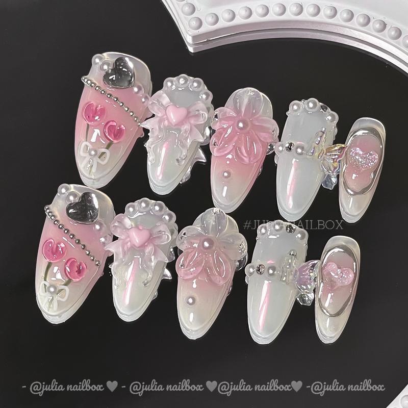 JuliaNailbox Mã 505 hồng Baby Móng tay giả thiết kế thủ công sơn gel tặng kèm keo miếng dán dũa bông lau móng gắn dễ dàng tiện lợi có thể tái sử dụng Nữ