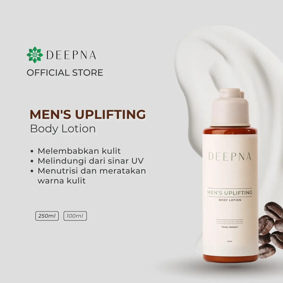 DEEPNA Men’s Uplifting Body Lotion 100Ml | untuk Pria UV Protection, Melembabkan, Meratakan Warna Kulit Aroma Maskulin Sandalwood, Fragrance Free - Natural Ingredients Niacinamide, Coffee Extract