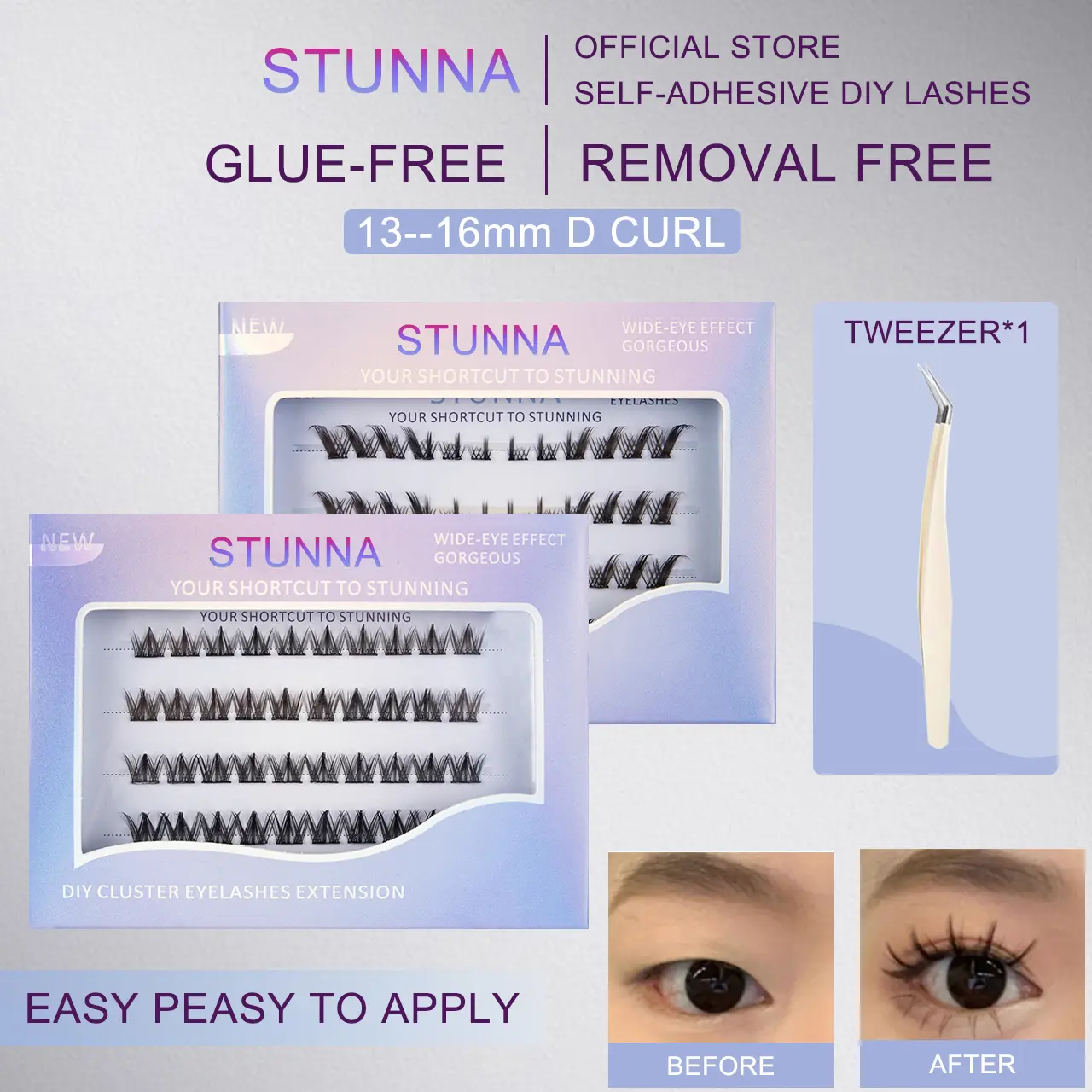 STUNNA DIY Eyelash Extensions Reusable Doll Eye Lashes Self-adhesive 【NO NEED GLUE AND REMOVER】13-16mm D Curl 48 Clusters Lashes, 【Beginner Friendly】