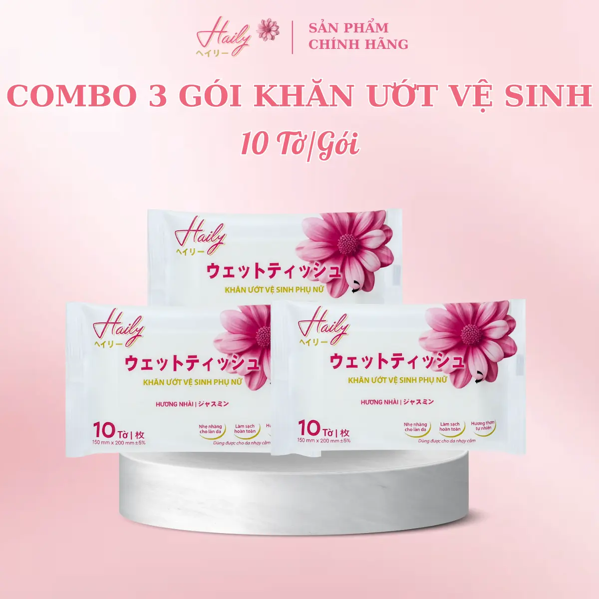 COMBO 3 GÓI Khăn ướt vệ sinh phụ nữ Haily mùi hoa Nhài khử mùi sạch sẽ 10 tờ/ gói