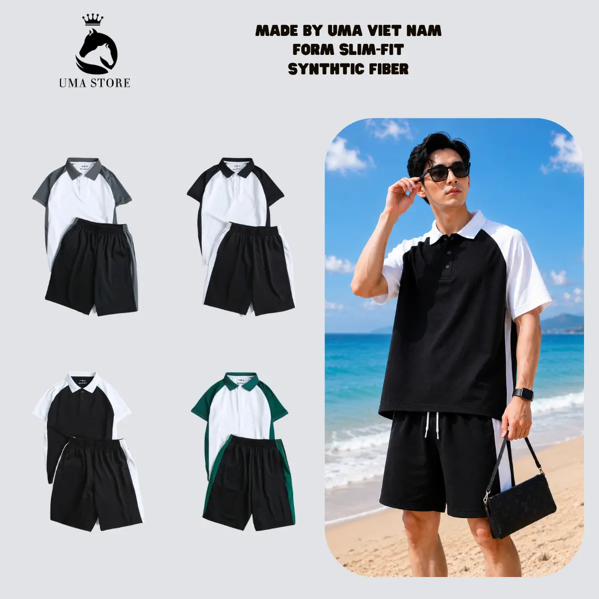 Bộ quần áo thể thao nam nữ phối màu chất liệu cá sấu dệt kim, nam tính, trẻ trung, thanh lịch - ( POLOUMAOR ) Menswear Áo Quần Shirt Có Cổ Ngắn Tay Cộc Tay [ Bộ Polo phối ]