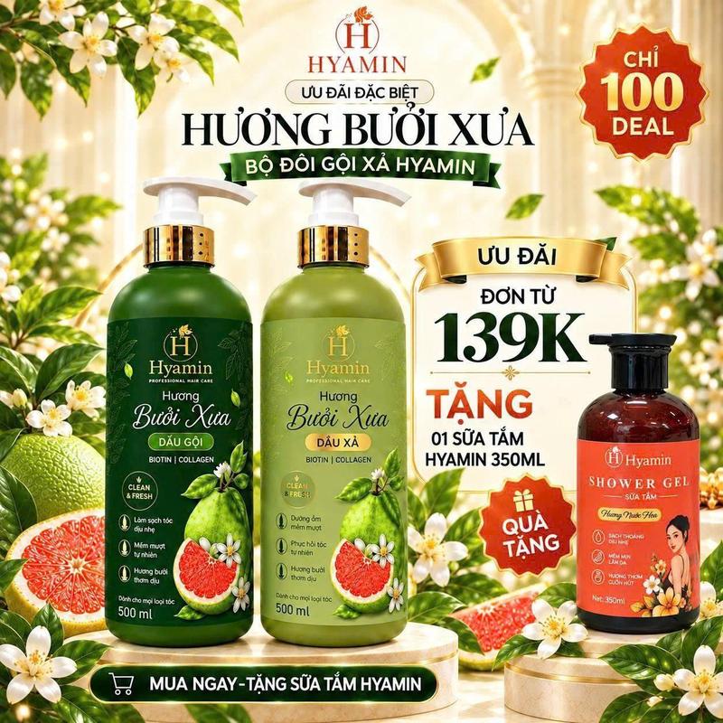 Bộ Dầu Gội Dầu Xả Hyamin Hương Bưởi Xưa 500ml Làm sạch dịu nhẹ, dưỡng tóc mềm mượt, hỗ trợ giảm gãy rụng
