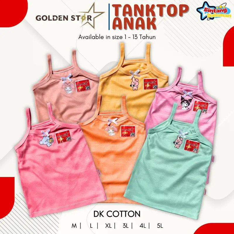 6 pcs singlet kaos dalem anak perempuan karakter labubu bt21, kuromi, cinamoror / tanktop anak lusinan golden Star / tengtop anak perempuan dalaman kaos dalam 8