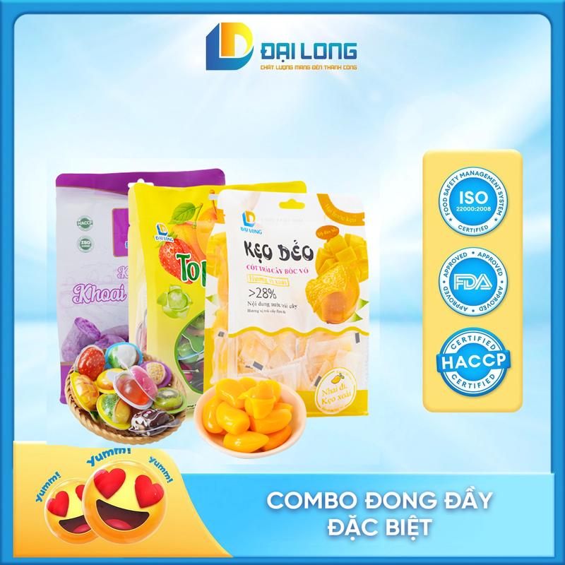 [1300gr] Combo ĐONG ĐẦY Đại Long gồm kẹo dẻo khoai lang, kẹo xoài và kẹo TOP 6D bóc vỏ