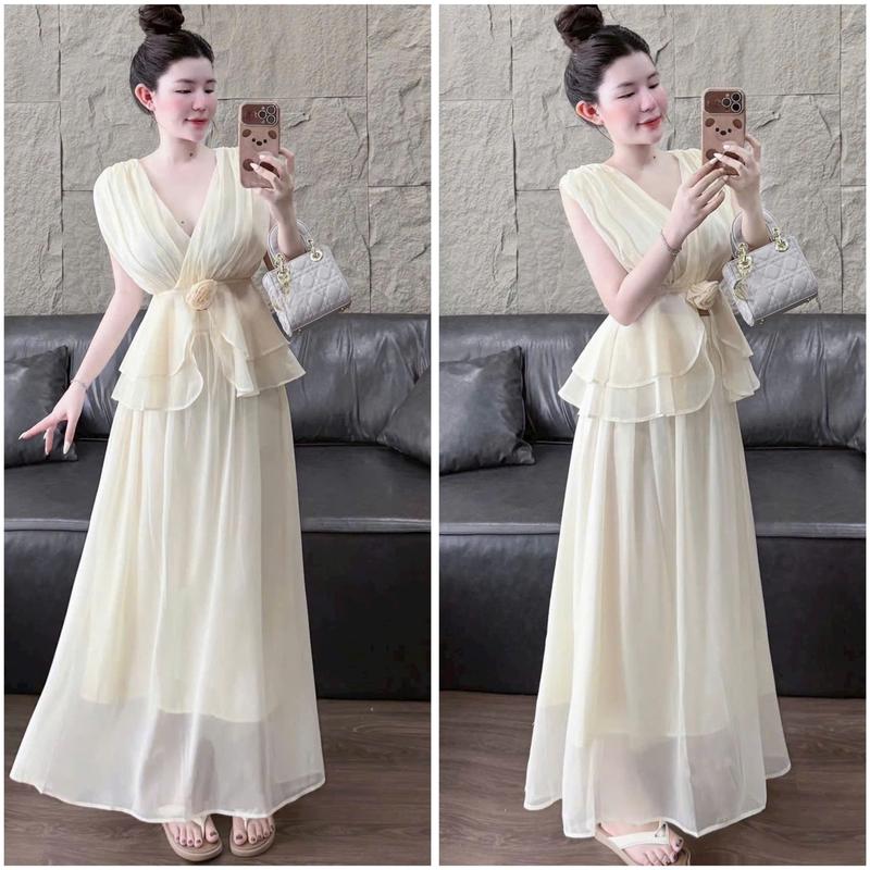 Váy đầm nữ chất tơ kiểu cổ V nhấn eo đính bông phối tùng xèo thiết kế sang chảnh