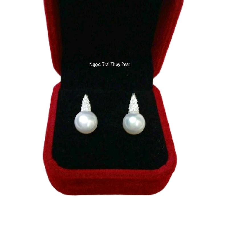 Bông tai ngọc trai thật dáng gót hài móc gắn đá 8- 10li bán cầu chế tác bạc