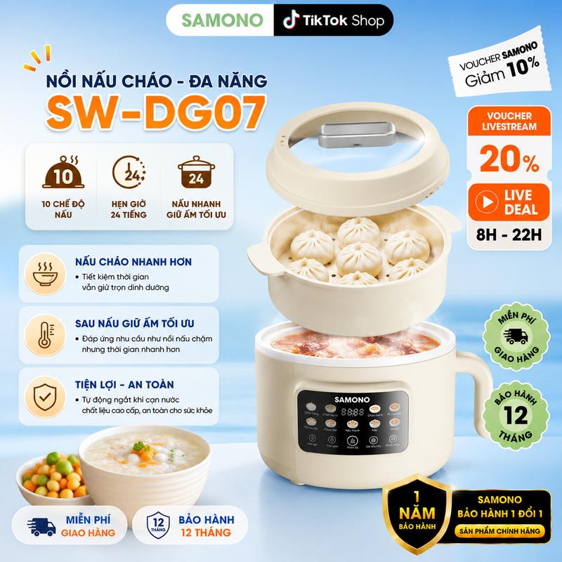 (Hàng Mới - Deal Sốc) Nồi Nâng Cấp Nồi Nấu Chậm, Nồi Điện Đa Năng Menu 10 Món, Dung Tích 1,8L Nấu Dược 2 3 Bữa Ăn Màu Kem SAMONO SW-DG07- Nồi Điện Nấu Cháo Ăn Dặm - Nồi Lẫu Điện Đa Năng