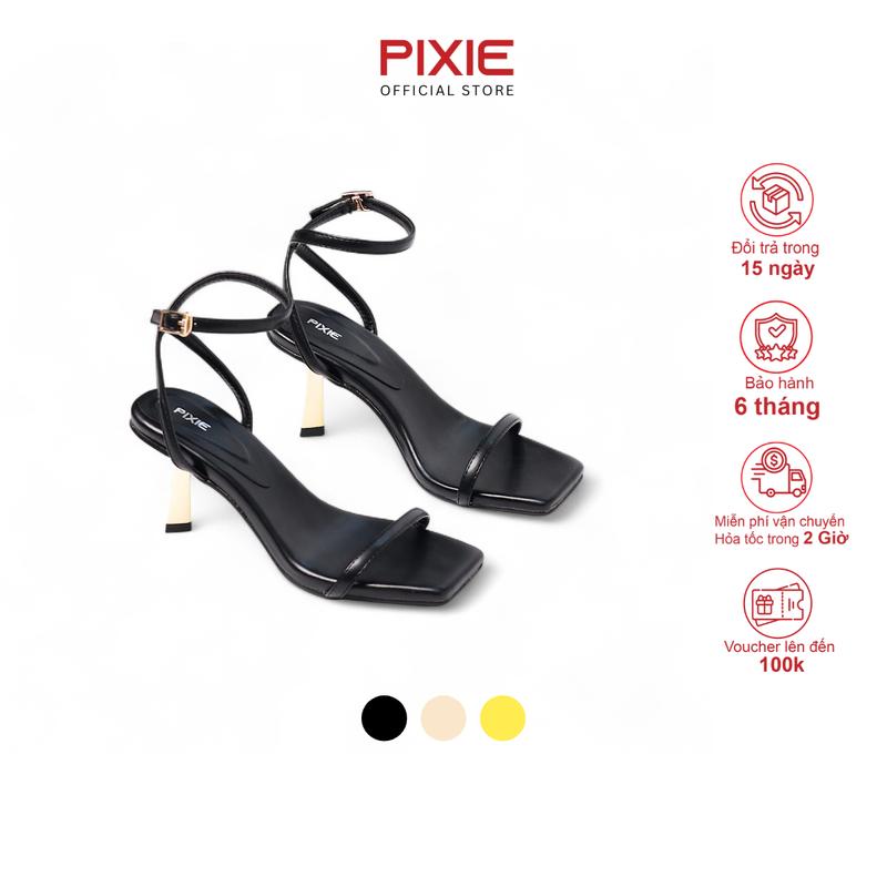  Giày Sandal Nữ Cao Gót 7cm Quai Mảnh Gót Vàng Mũi Vuông Hở Ngón Pixie H407 
