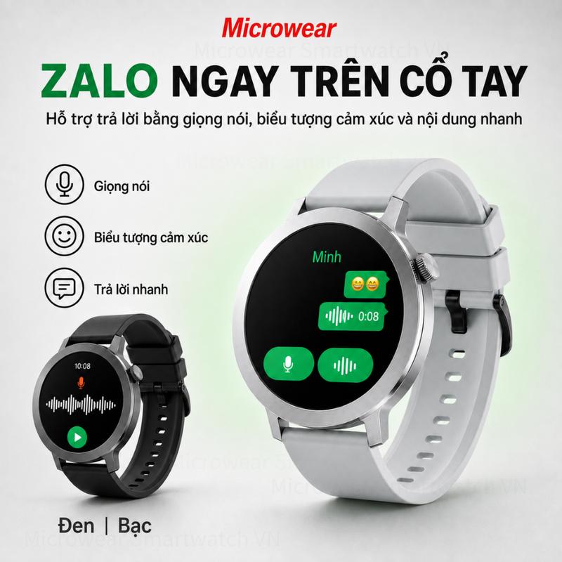 Microwear Đồng Hồ Thông Minh Mặt Tròn MA36,Hỗ Trợ Trả Lời Tin Nhắn Zalo Bằng Giọng Nói, Biểu Tượng Cảm Xúc Và Nội Dung Nhanh, Gọi Bluetooth Qua Điện Thoại, Màn Hình 1.45 Inch 360x360, IP68, Theo Dõi Nhịp Tim Giấc Ngủ SpO2, Chế Độ Thể Thao, Pin 350mAh