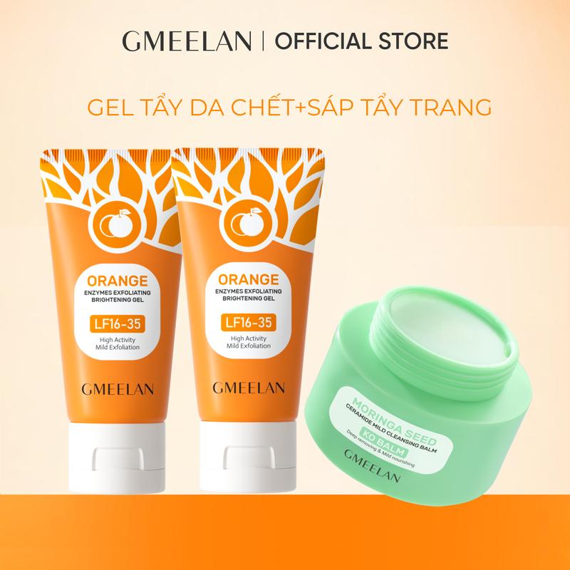  【2gel+1sáp tẩy trang COMBO 3PCS GMEELAN ORANGE EXFOLIATING GEL TẨY TẾ BÀO CHẾT TÁC ĐỘNG CAM ENZYMES 50g*2+ Sáp tẩy trang Moringa Ceramide làm sạch nhẹ Balm Tẩy trang 40g 