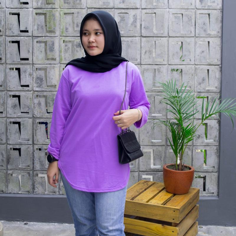 Kaos Polos Wanita Lengan Panjang - RIB Bawah Oval Terkini Sablon Atasan Baju Basic Top Variasi Tangan Oblong Oversize Muslim kaos  lengan  panjang  oval 7