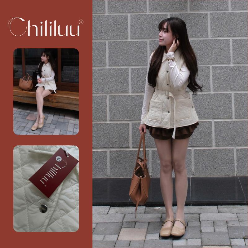 Áo phao gile Chililuu áo gile trần bông cổ sơ mi kèm đai phong cách năng động Hàn Quốc