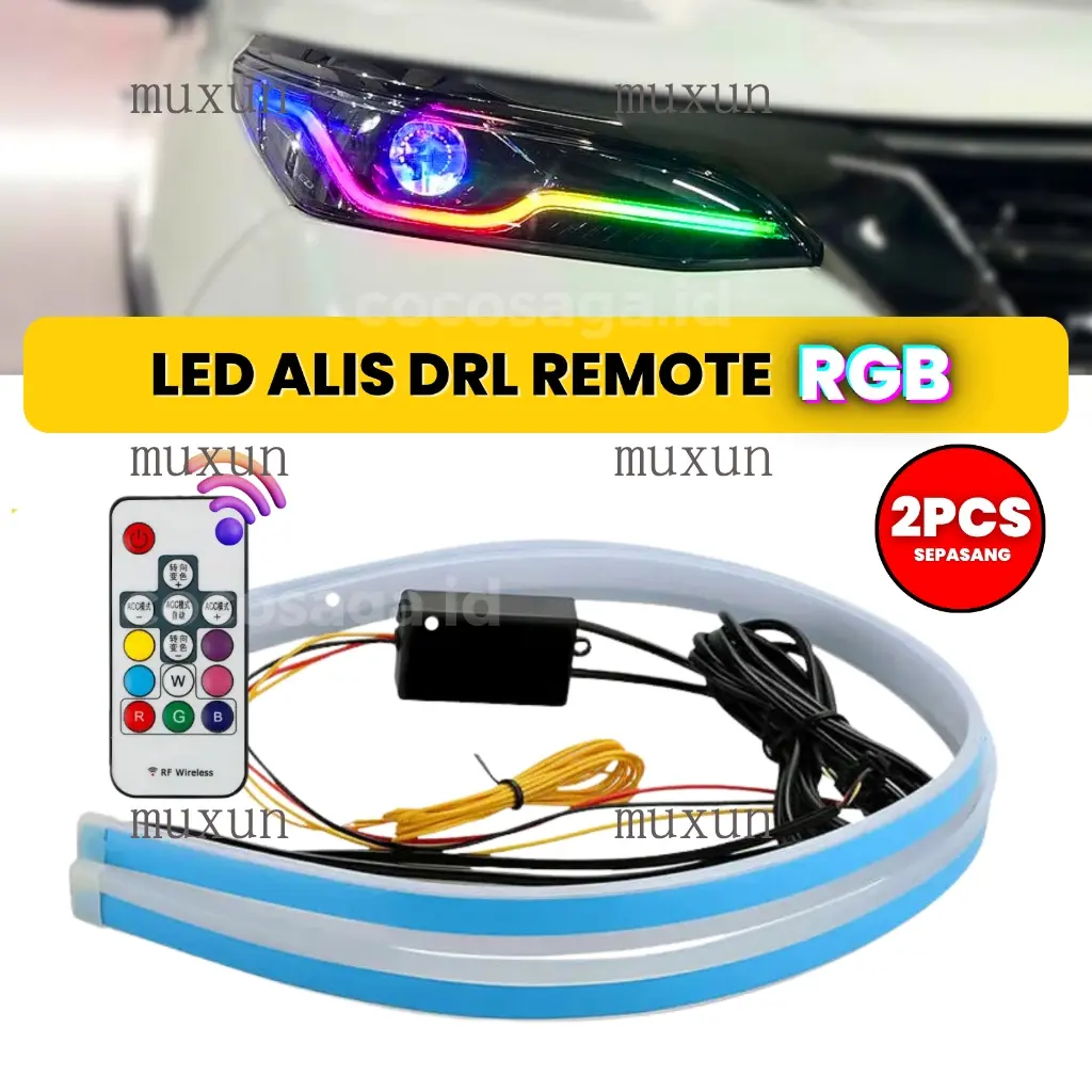 Lampu LED Alis DRL Slim Tempel Remote RGB + Sein Running - 30cm  60cm 12 Volt harga 1set Lengkap