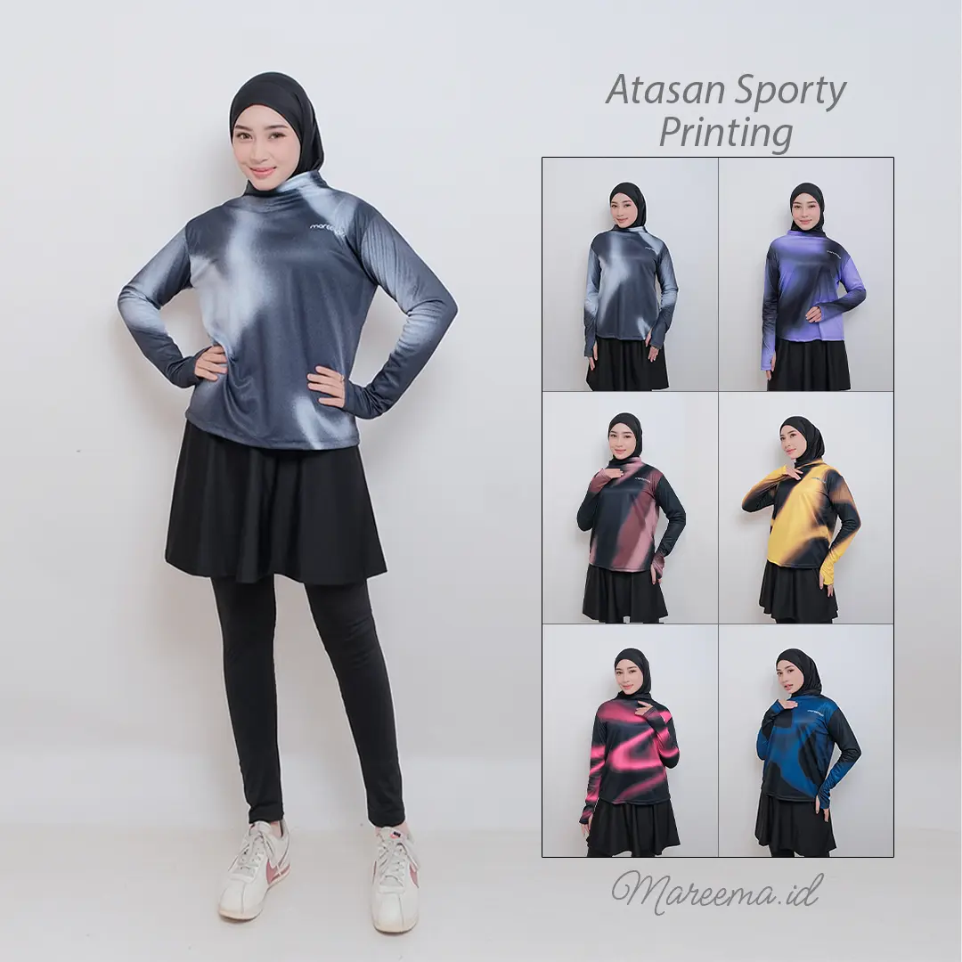 Atasan Kaos Olahraga Wanita Printing Lengan Panjang Muslimah Baju Sporty Motif Senam Lari Zumba