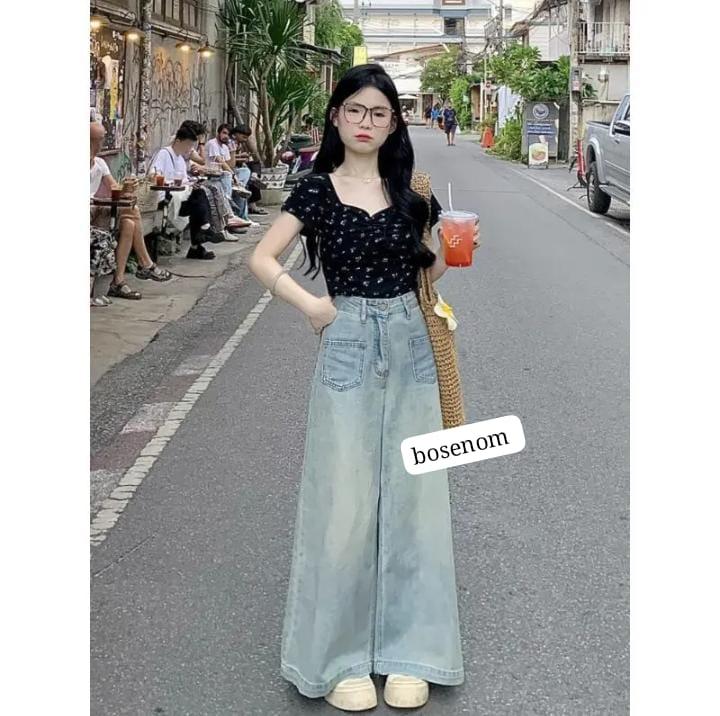 BOSENOM- Celana kulot jeans wanita HighWaist wide leg kantong depan jins Panjang Cewek 4