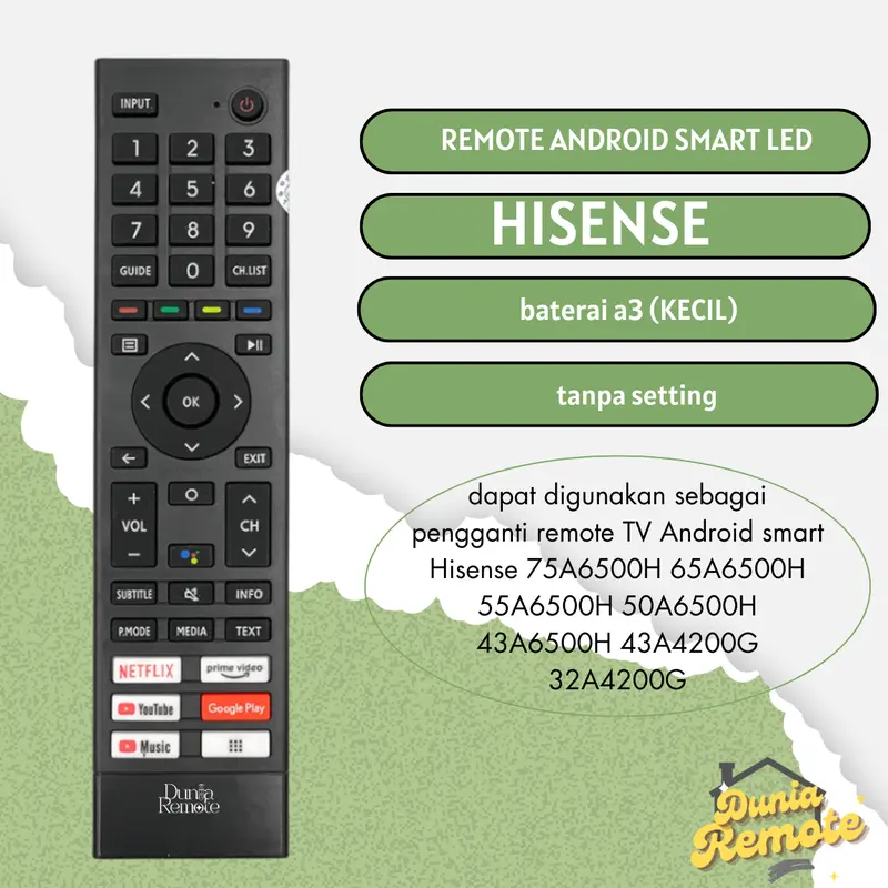 Remote Remot TV HISENSE Android Smart TV LED LCD UHD 4K 43A6500H 32A4200G 0