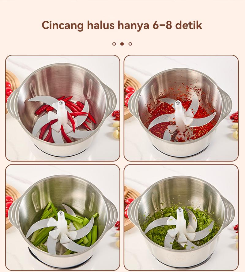 Penggiling/blender daging rumah tangga untuk daging, sayuran, dan buah-buahan, kapasitas 2 liter.