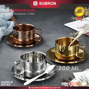SUBRON SUS 304 Set Cangkir Kopi 180ML Sendok Pisin Handle Kotak Stainless Silver Gold Rose Gold