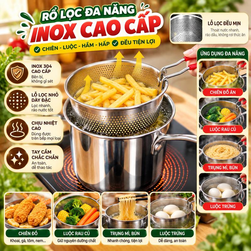 Nồi Chiên Ngập Dầu Inox – Chiên Giòn Nhanh, Lọc Dầu Tiện Lợi