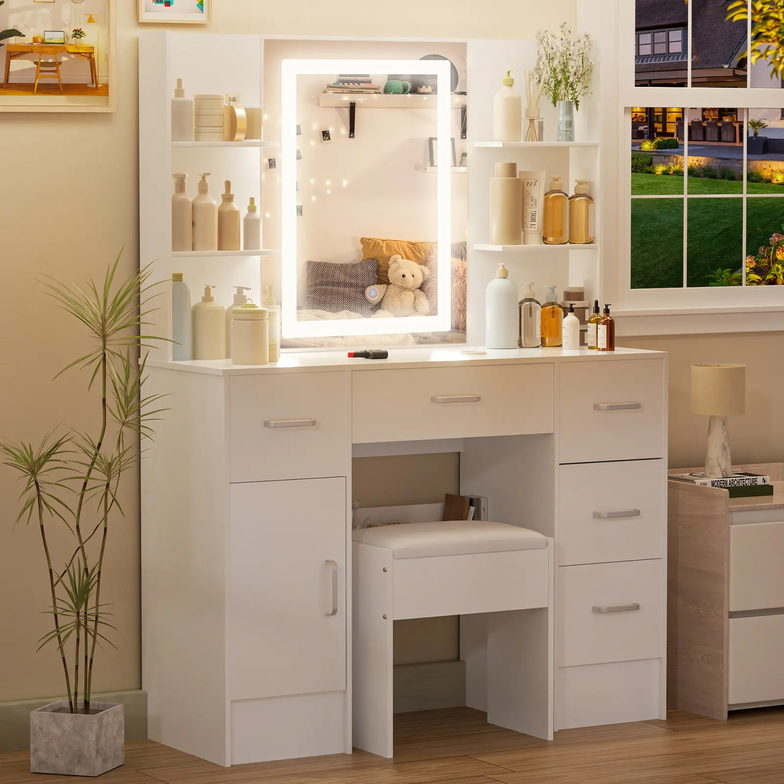 Large Dressing Table with Smart LED Mirror Makeup Vanity Table with 6 Open Shelves and Stool Wood Vanity Desk and 6 Drawers Bedroom White