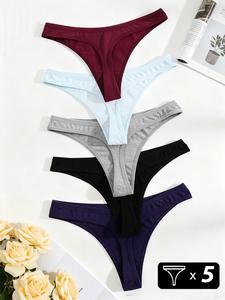 Set de 5 piezas de bragas tipo tanga de color sólido para mujer, de algodón, diseño de cintura en V para un ajuste cómodo, perfectas para uso diario