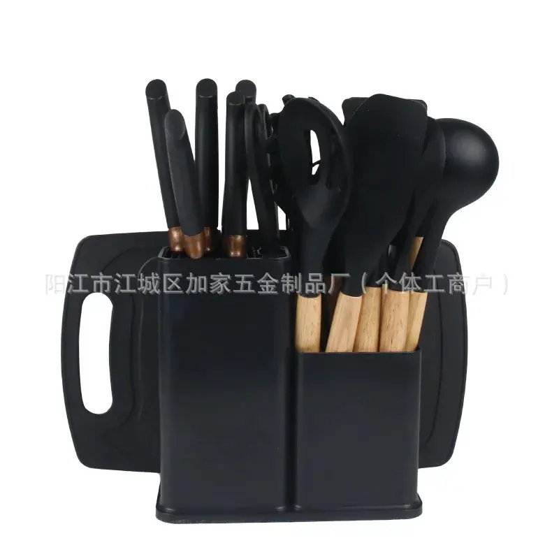 Conjunto de 19 utensílios de cozinha de silicone antiaderente, incluindo espátula, concha para sopa e jogo de facas com cepo. - 8