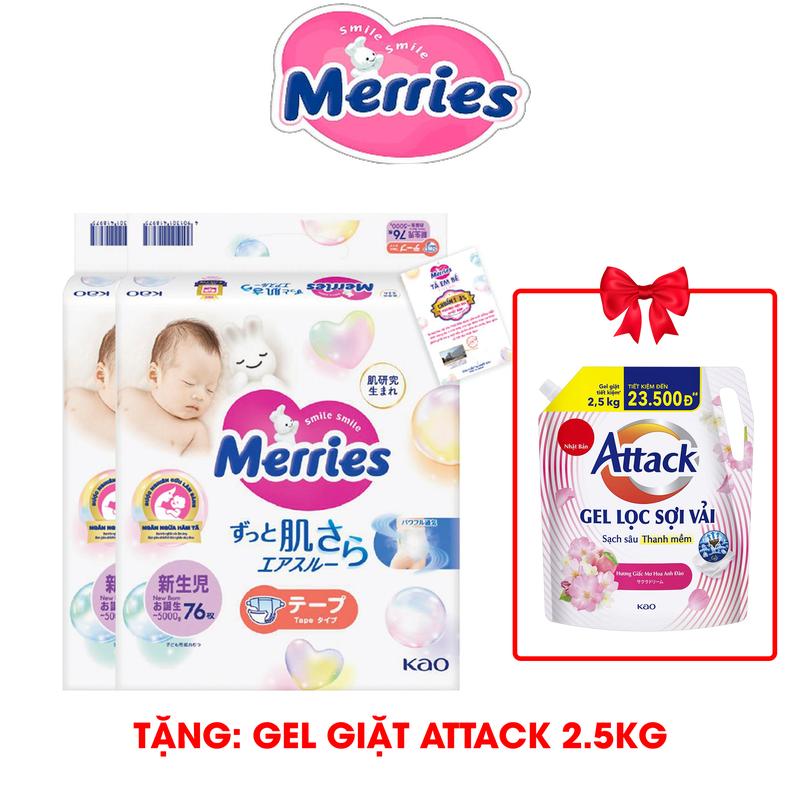 [COMBO 2-TẶNG GEL GIẶT ATTACK 2.5KG] Merries Tã Bỉm dán size NB76/S70/M56/L48/XL40 MỚI