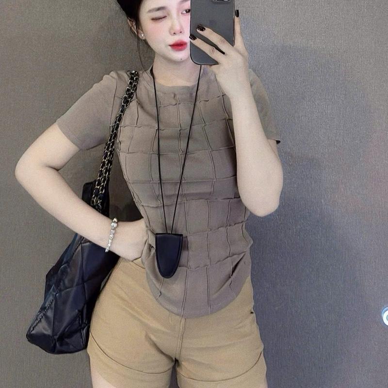 | A304| - áo thun nữ dáng ôm body  [ Cổ Tròn Sọc Vuông ] borrip, co giãn,  Cổ Tròn Women Top Nhun