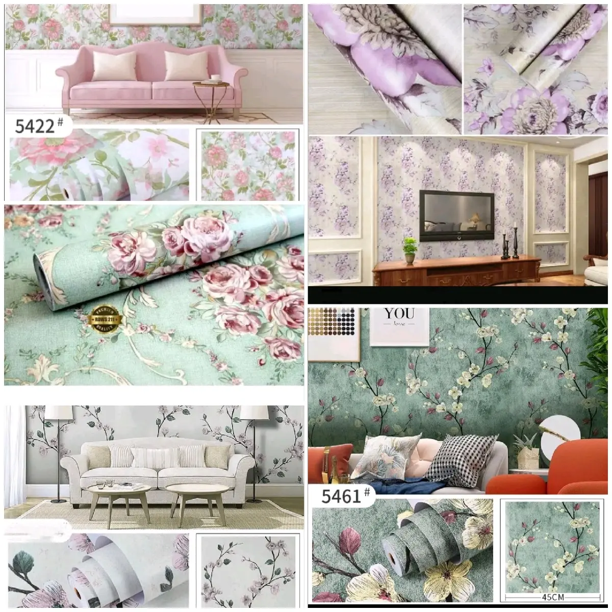 Wallpaper dinding sticker dinding Kualitas premium BERMOTIF DASAR BUNGA PINK kekinian elegan dekorasi ruang tamu kamar tidur mewah berbahan kertas PVC  tahan cipratan air