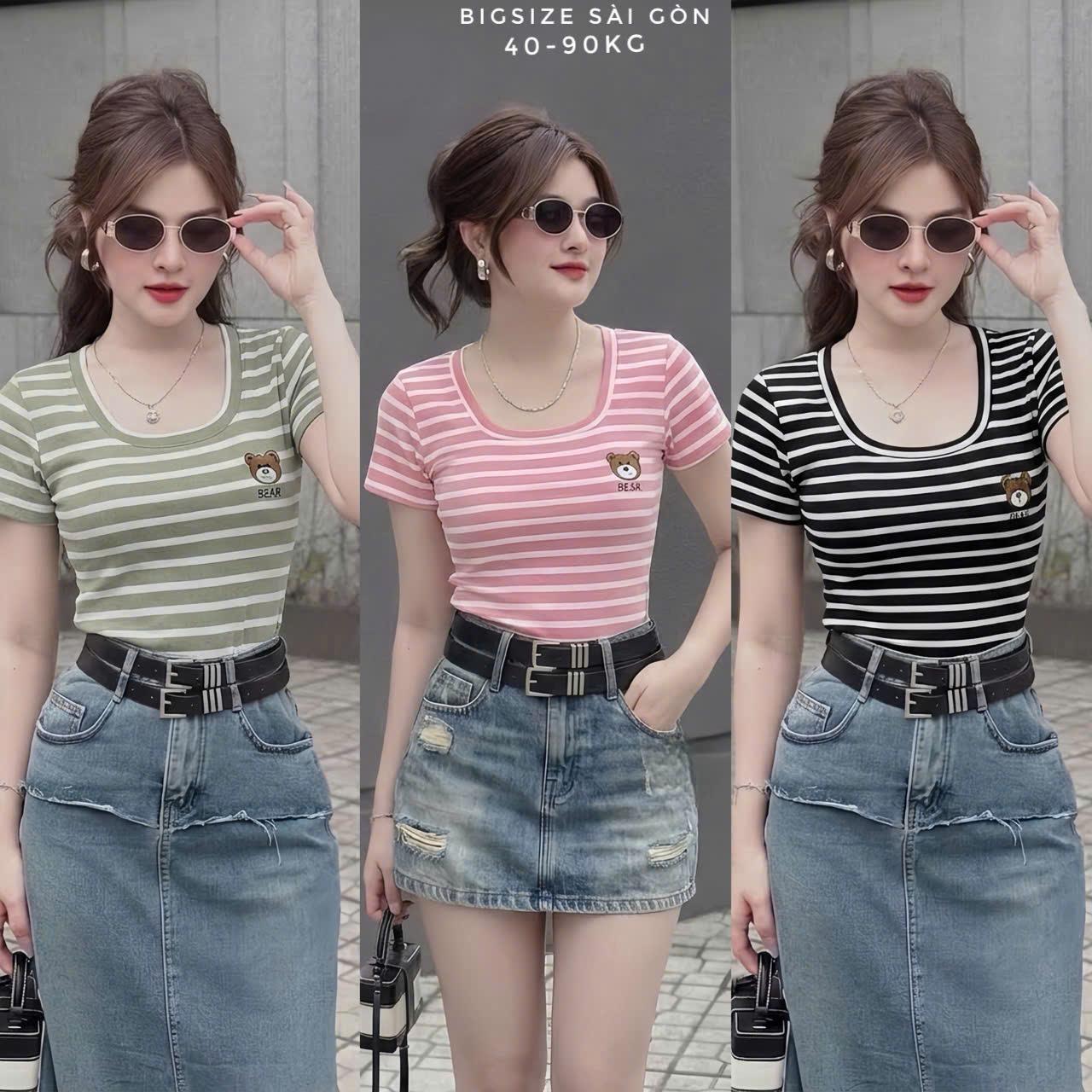 Bigsize Sài Gòn Áo Thun Nữ Cổ Vuông Vải Borit Sọc Thêu Gấu Cao Cấp Thanh Lịch Bigsize 45–90kg Dễ Thương Nữ Women Top Nhung - B.1759