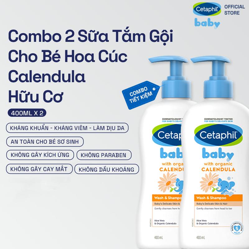   Deal Hot  Combo 02 Sữa tắm gội dịu lành cho bé Cetaphil Baby Wash & Shampoo với Hoa Cúc hữu cơ 400ml 