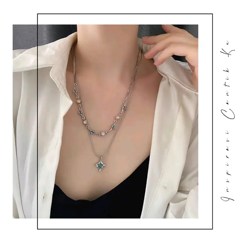 Kalung 2 Layer Permata Biru Necklace Double Layer MultiLayer Panjang 0