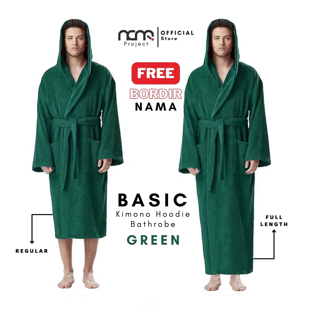 Handuk Kimono Hoodie Bathrobe Darkgreen Free Bordir Dewasa Pria Wanita