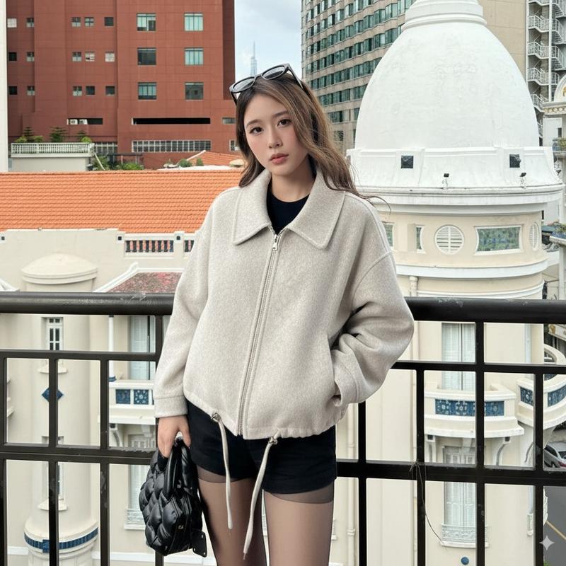  Áo Khoác Dạ Kiểu Nữ Dáng Ngắn Chi Tiết Khoá Kéo Dây Rút Ngang Hông Mùa Thu Đông Kimee - KA670 