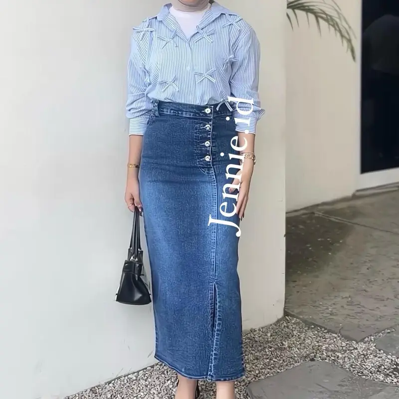 Kamila Rok Jeans kancing Belah Samping Style Denim Casual premium Panjang 6