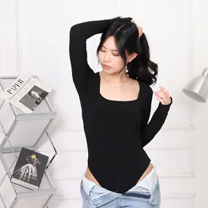 [Lolabae] MIJI Bodysuit Wanita Long Sleeve Leher Kotak | Bodysuit Basic Polos Lengan Panjang | Kaos Jersey Spandex | Atasan Wanita Lengan Panjang